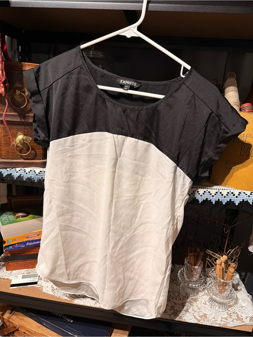 Express Black and Cream Colorblock Cap Sleeve Blouse